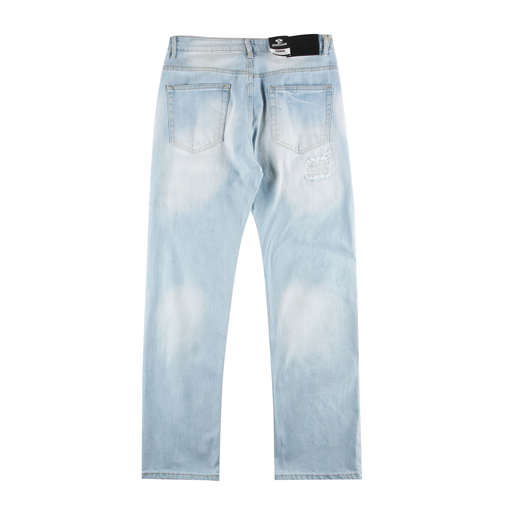 Stockpapa Men\'s Personality Fashion Light Denim Blue Ripped Jeans in Stock Denim Pants