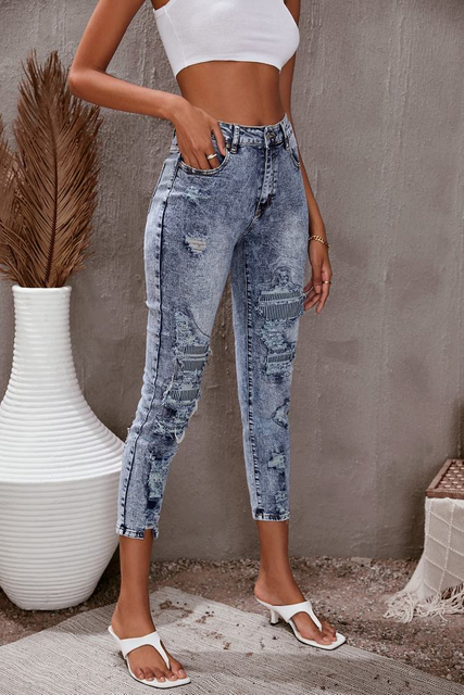 Ladies Striped Patchwork Distressed Slim-fit Jeans
