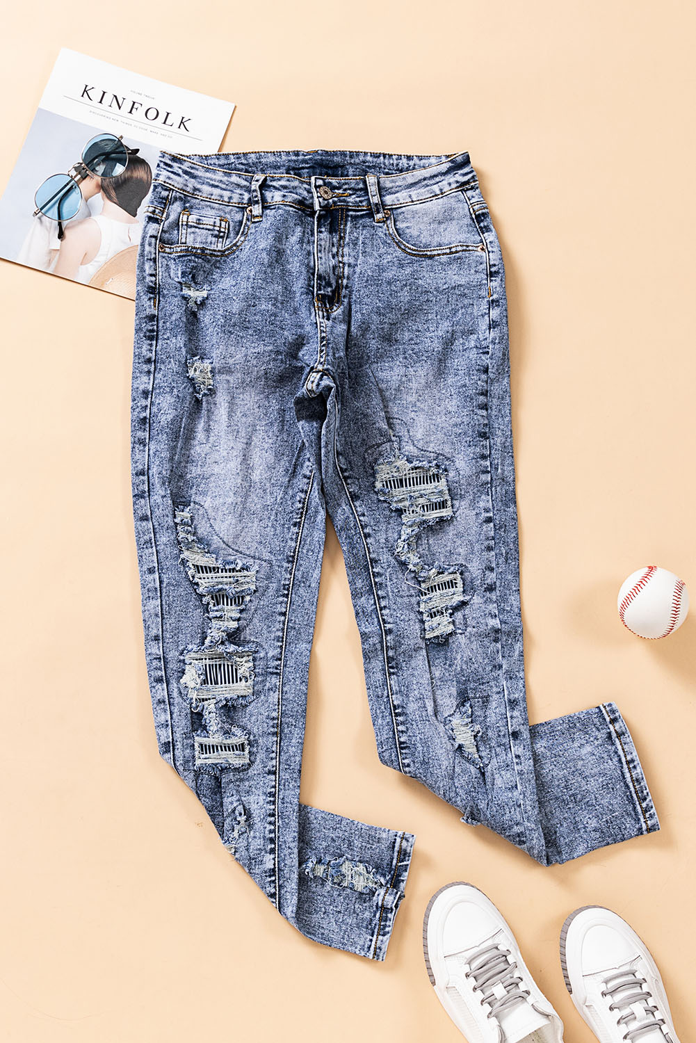 Ladies Striped Patchwork Distressed Slim-fit Jeans (5)