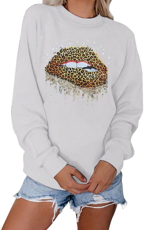 Stockpapa Apparel LADIES Crew Neck Leopard Lips Graphic Sweatshirt