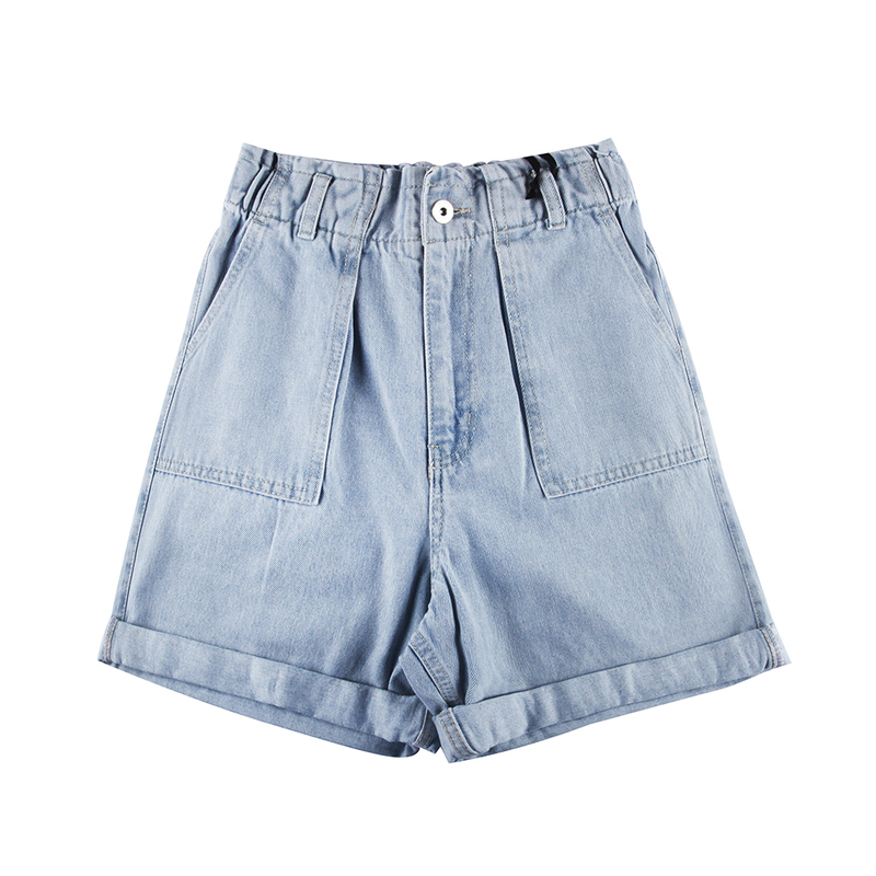 Stockpapa Brand Outlets ZARINA ,Elastic Waist Ladies High Quality Button High Waist Loose Straight Hot Denim Shorts