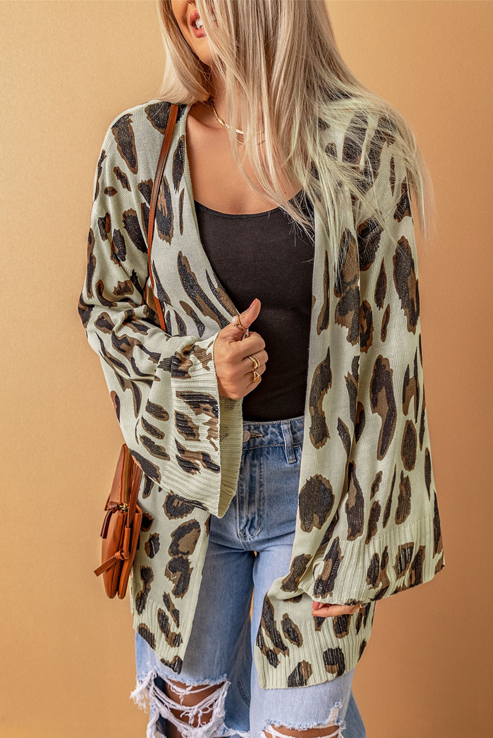 Leopard Print Bell Sleeve Open Front Knitted Cardigan (1)