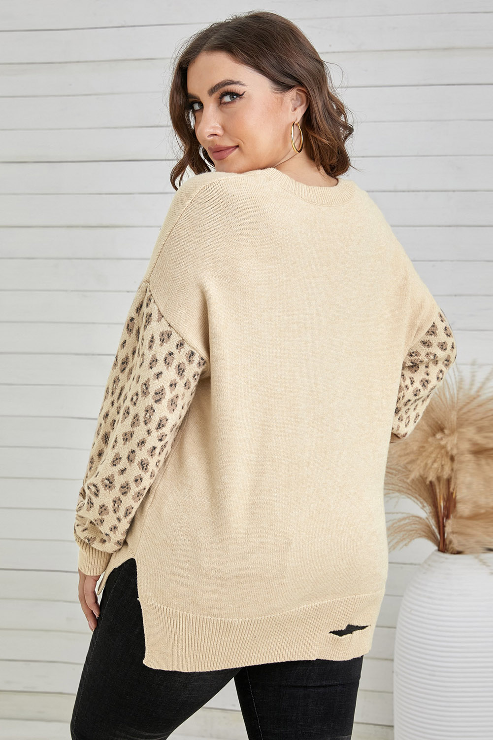 Stockpapa Stock Garments Distressed Hemline Leopard Sleeve Plus Size Sweater