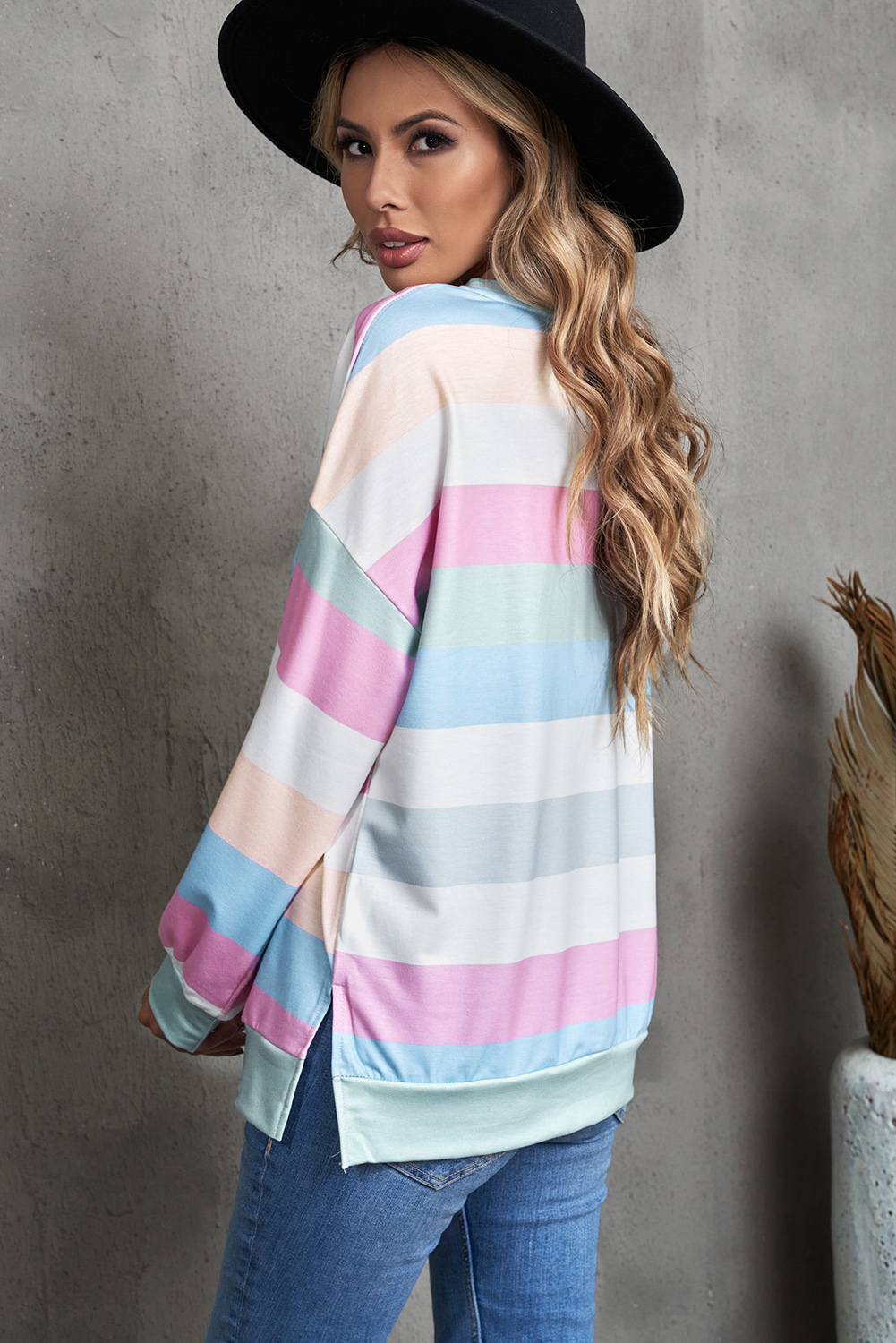 Stockpapa Multicolor Striped Colorblock Long Sleeve Pullover Sweatshirt