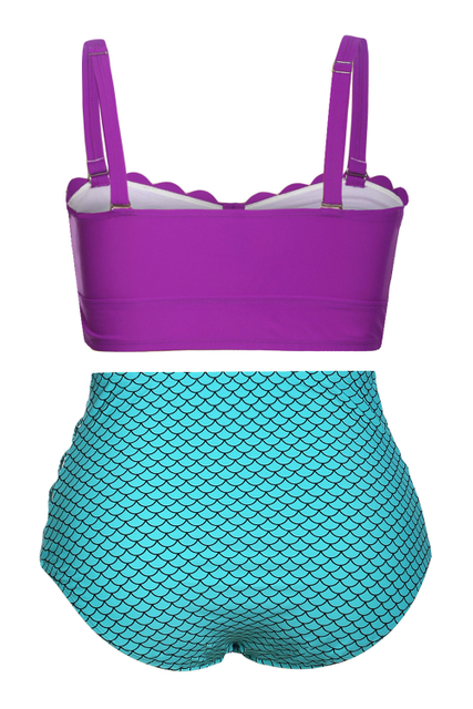 Stockpapa Plus SizePurple & Blue Scalloped Detail High Waist Swimsuit stock clearance