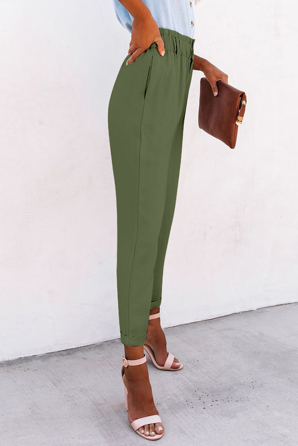 Stockpapa Stockpapa Green High Rise Paper Bag Waist Pocketed Casual Pants
