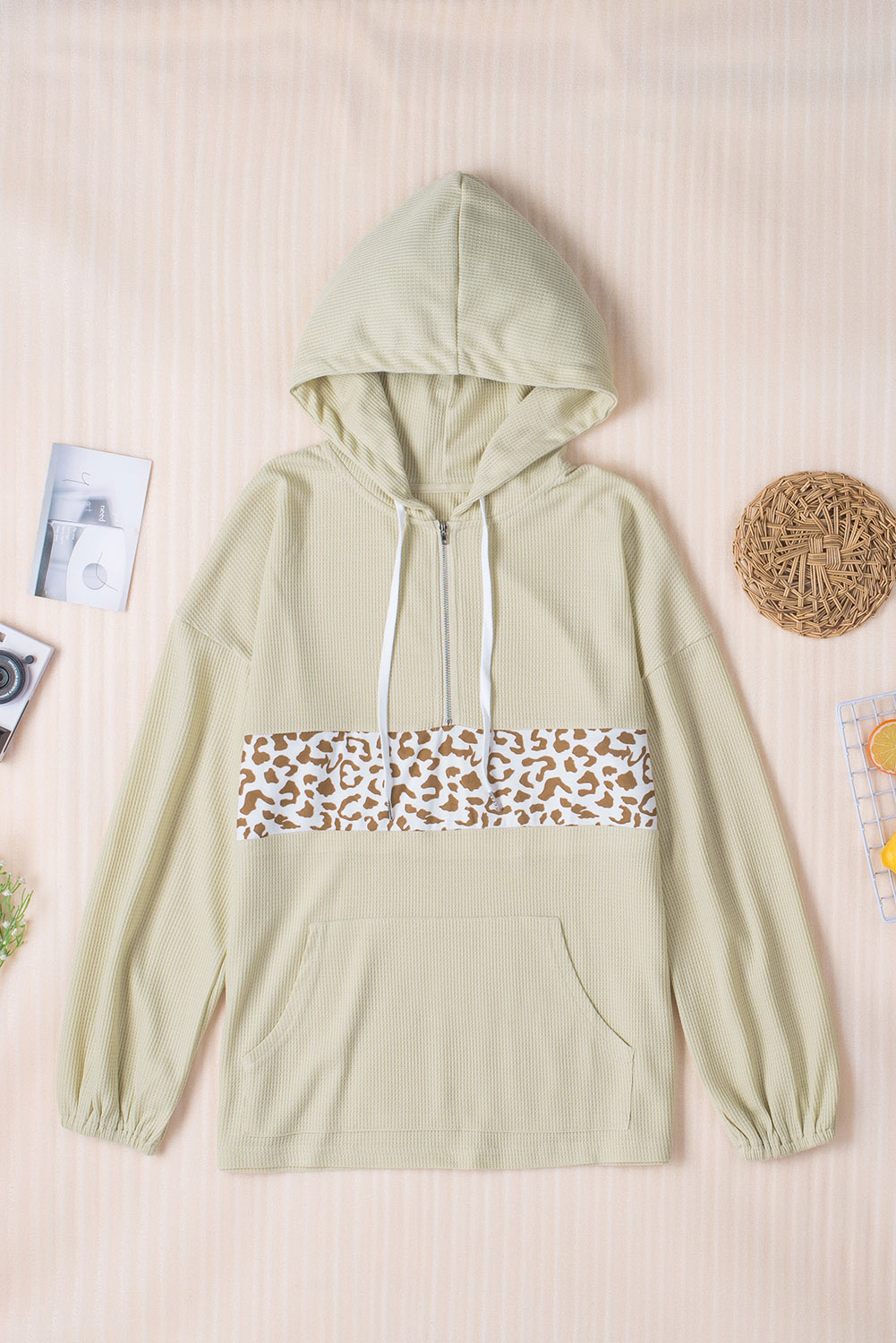 Stockpapa Over Left Green Leopard Splicing Waffle Knit Quarter Zip Hoodie