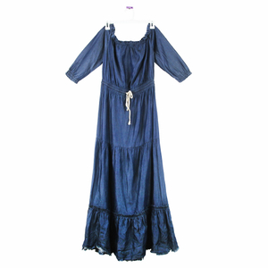 Stockpapa Liquidation Ladies Elegant Denim Blue Fashion Half Sleeve Maxi Waist Elastic Belt Longline Denim Dress