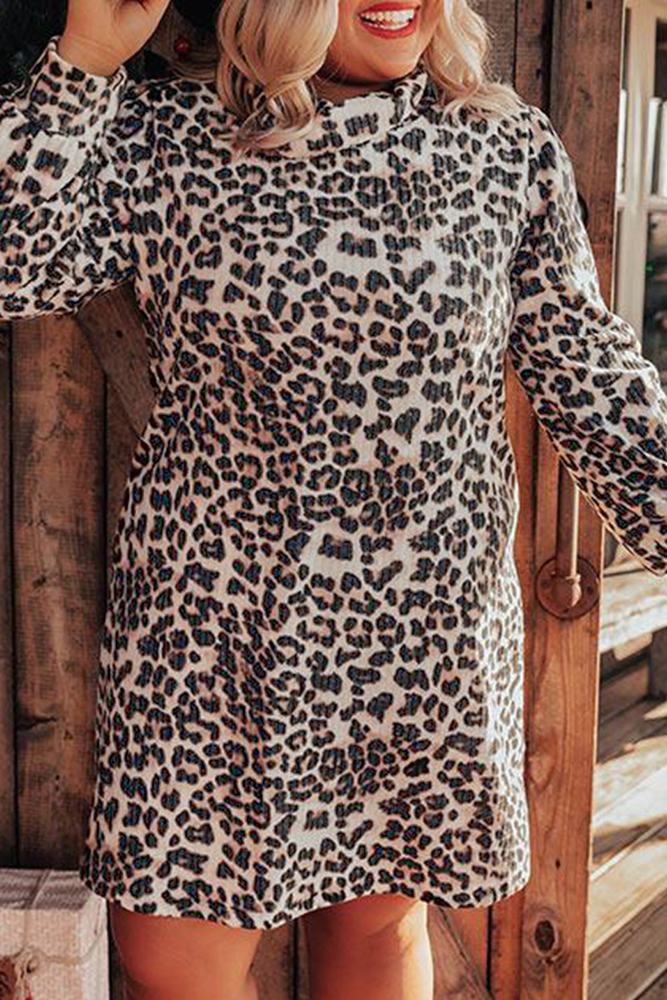 Stockpapa Plus size Turtleneck Leopard Dress