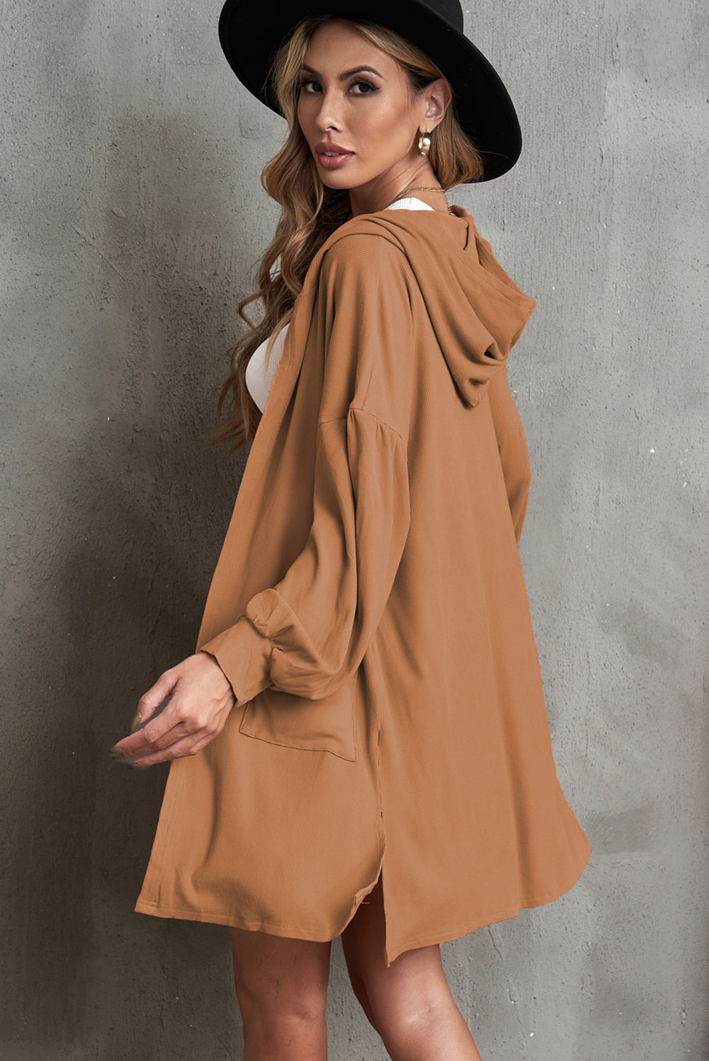 Stockpapa Khaki Side Split Open Front Cardigan with Hooded for Sale 