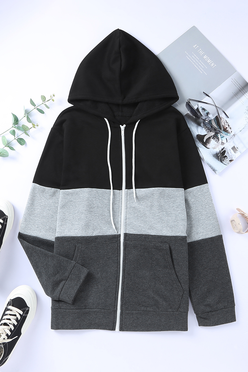 Color Block Zipper Drawstring Plus Size Hoodie (3)