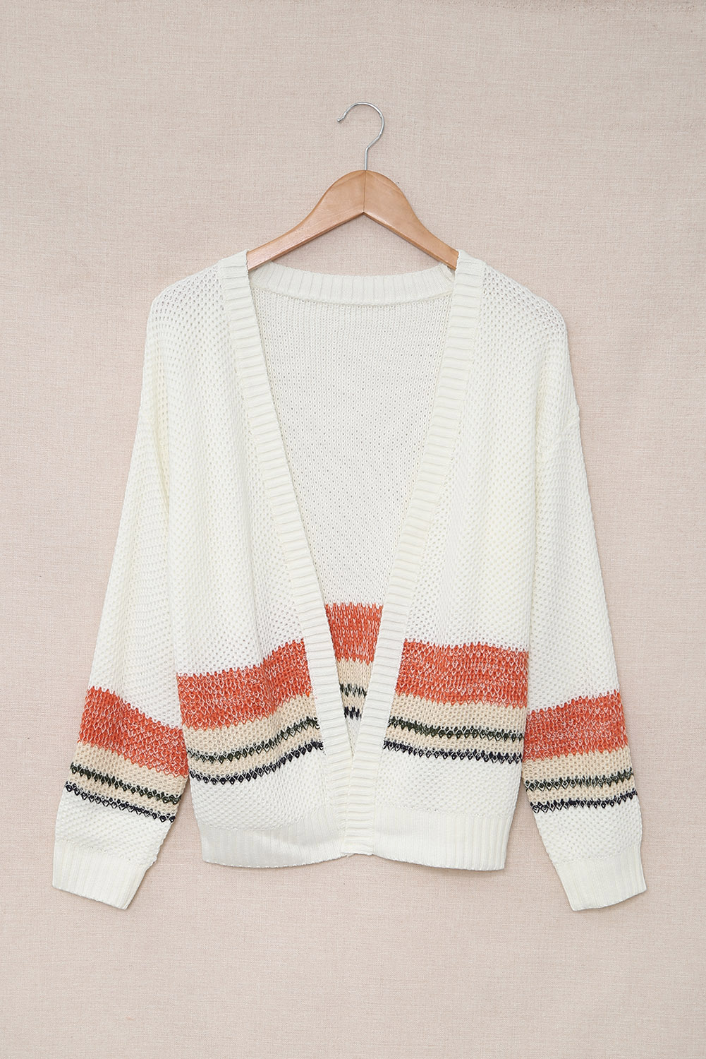 Striped Open Front Bubble Sleeve Knitted Cardigan (4)