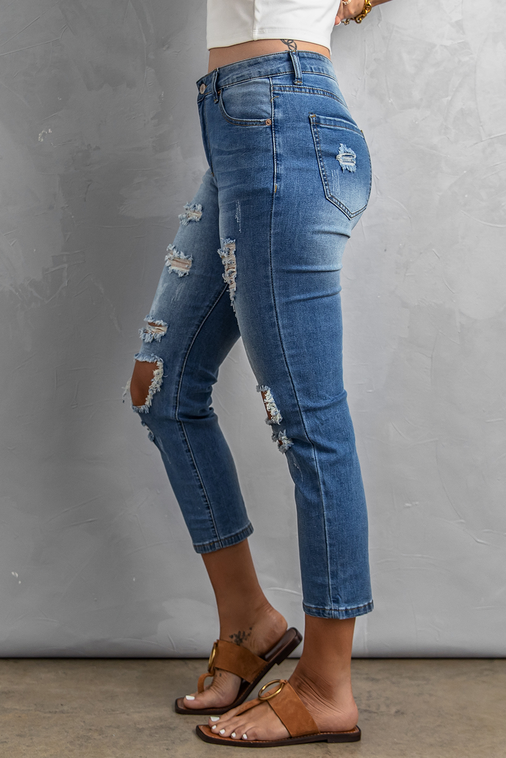 Stockpapa Sky Blue Fading Distressed Holes Crop Jeans