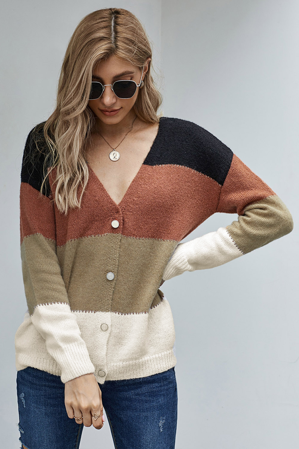 Stockpapa V Neck Buttoned ClosureColorblock Sweater Cardigan 