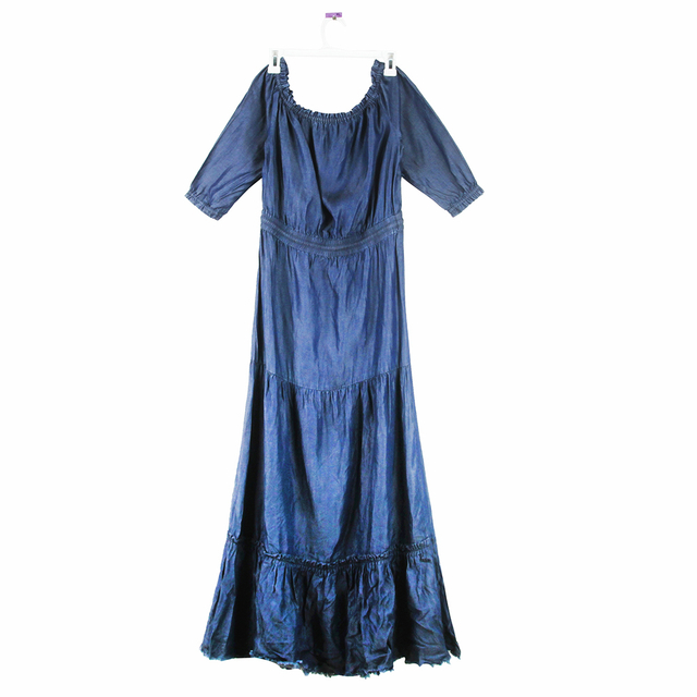 Stockpapa Liquidation Ladies Elegant Denim Blue Fashion Half Sleeve Maxi Waist Elastic Belt Longline Denim Dress