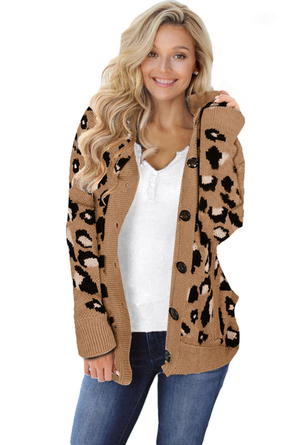 Stpckpapa Long Sleeve Button-up Hooded Leopard Print Cardigan