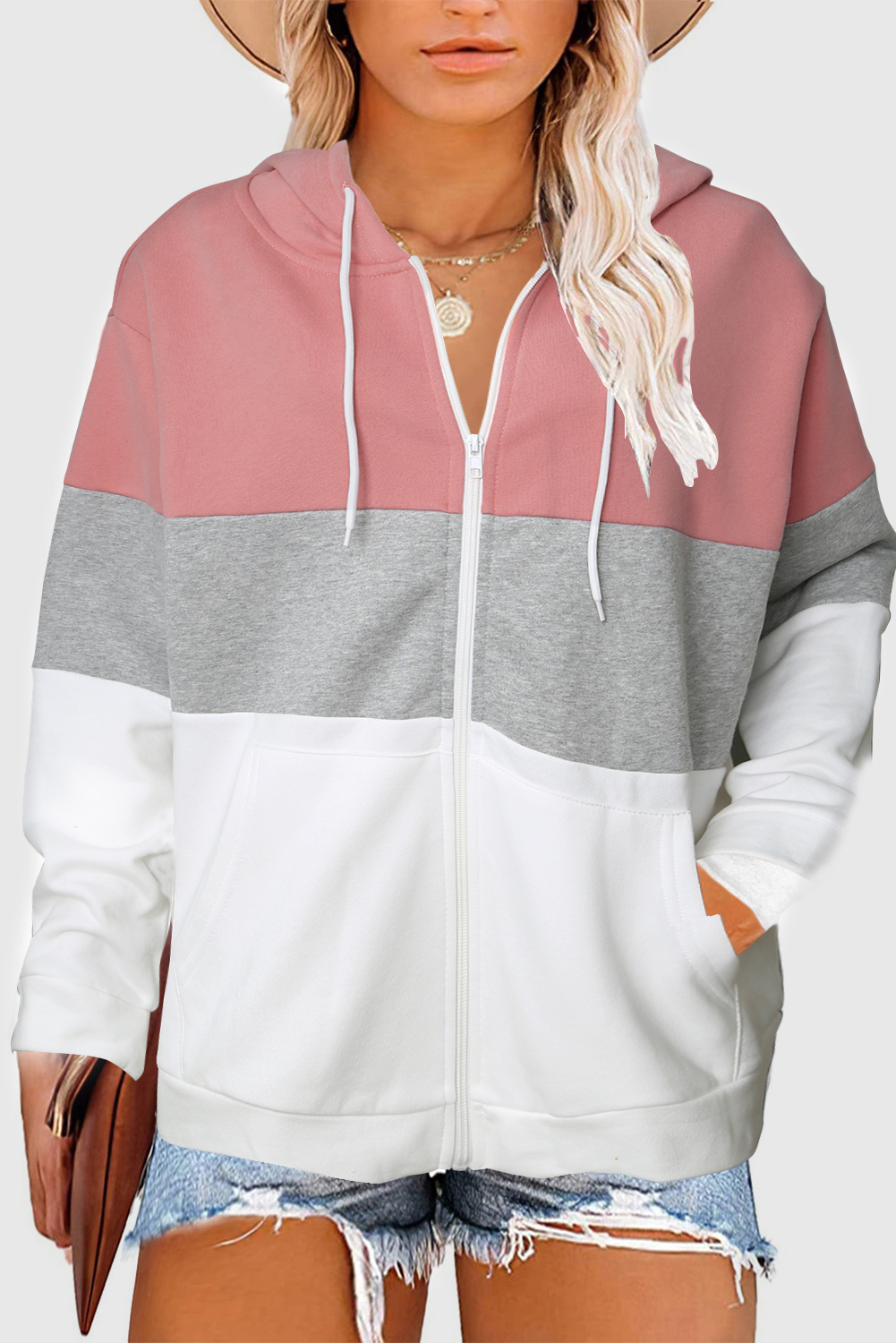 Stockpapa Color Block Zipper Drawstring Plus Size Hoodie Clearance Sale