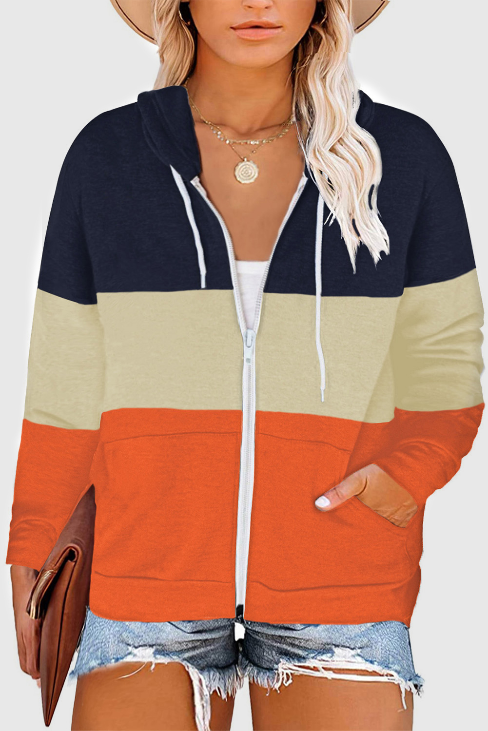 Stockpapa Color Block Zipper Drawstring Plus Size Hoodie Clearance Sale