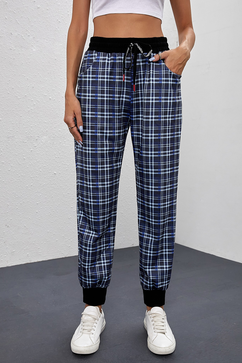 Stockpapa ladies High Waisted Drawstring Plaid Joggers Over Left 