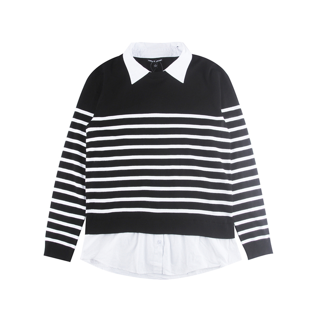 Stockpapa Ladies 100% Cotton With Shirt Collar Shirt Hem Wholesale Striped Sweaters