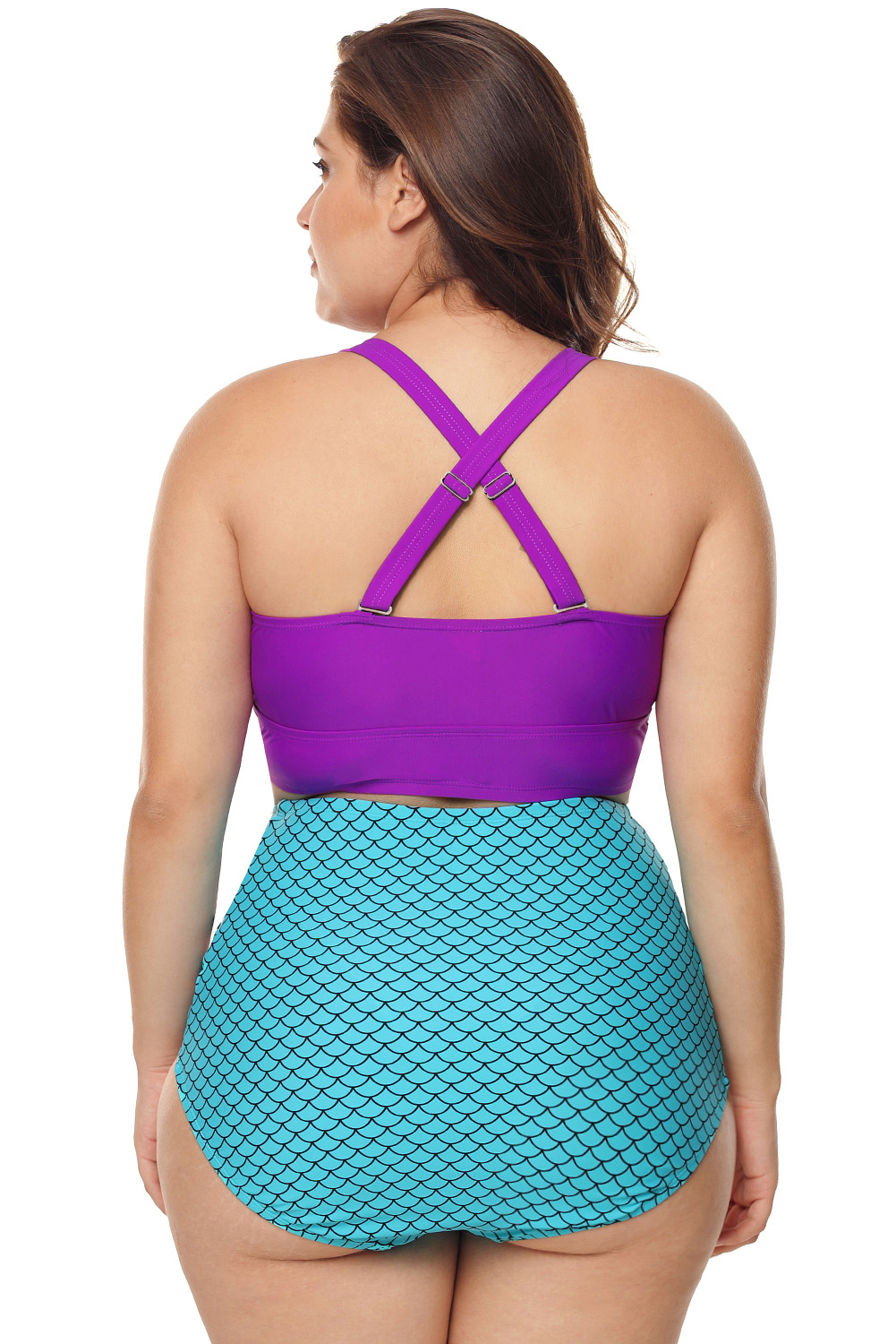 Stockpapa Plus SizePurple & Blue Scalloped Detail High Waist Swimsuit stock clearance