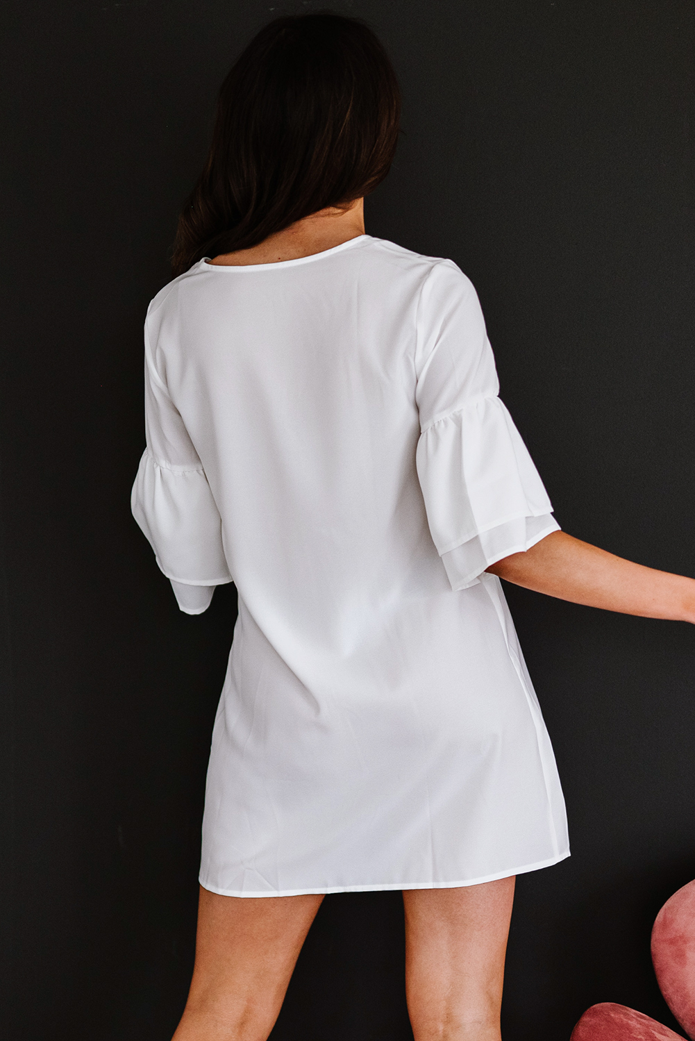 Stockpapa White V Neck Buttoned Bell Sleeve Shift Shirt Dress 