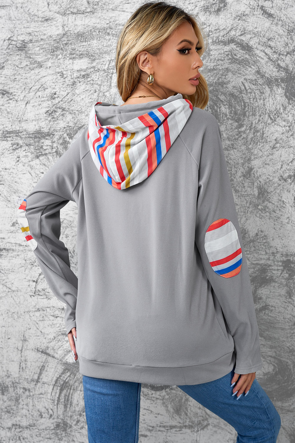 Stockpapa Bulk Ladies Rainbow Color Stripe Print Elbow Patch Hoodie