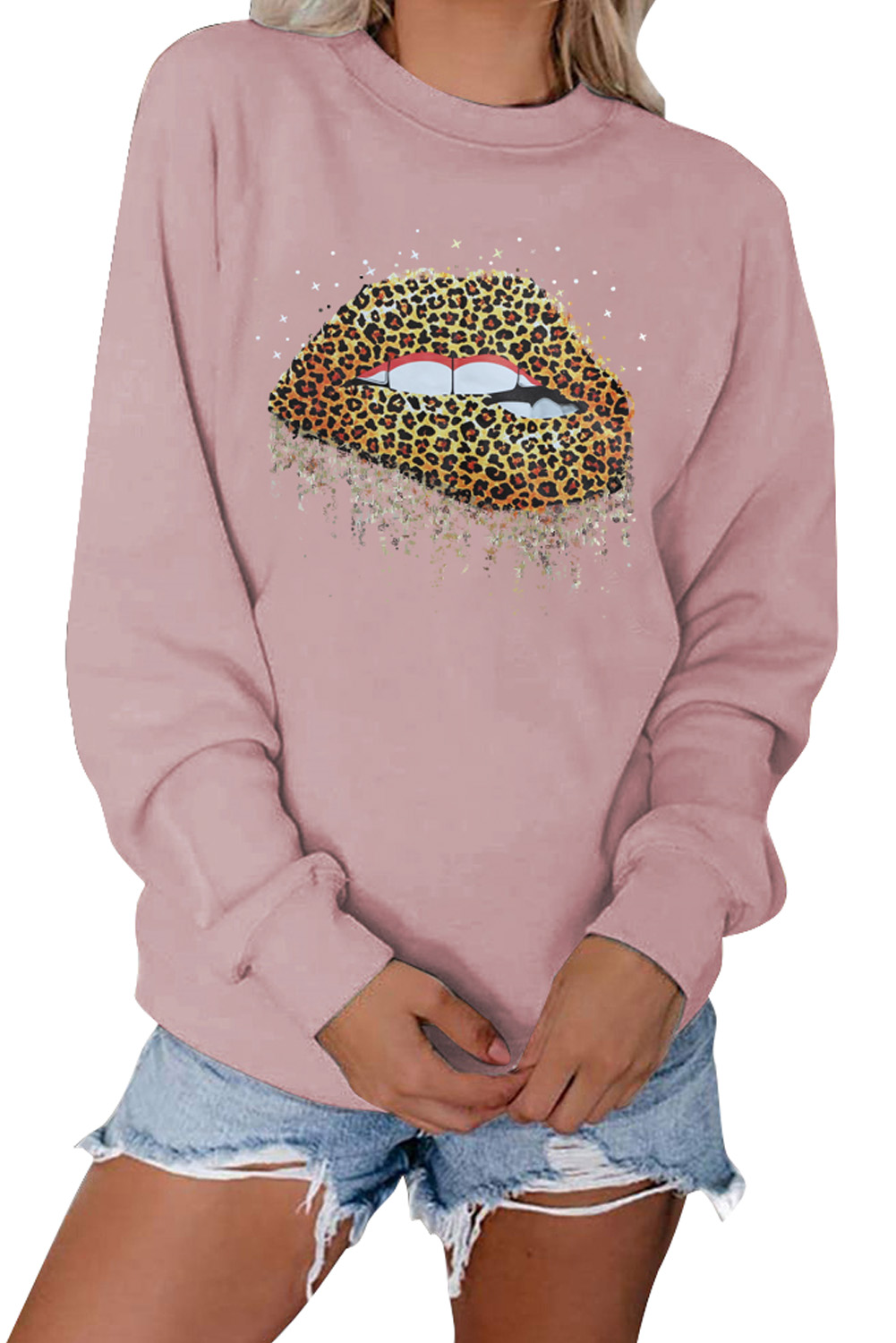 Stockpapa Apparel LADIES Crew Neck Leopard Lips Graphic Sweatshirt