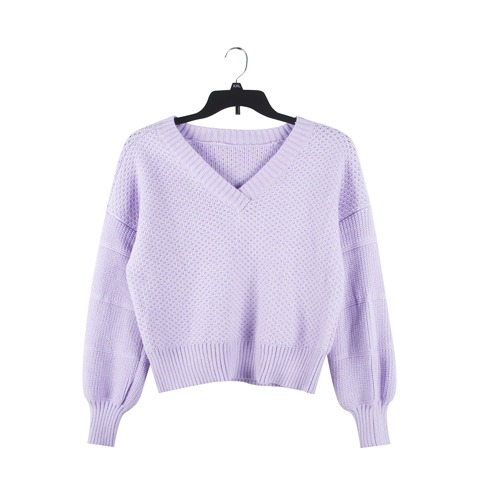 Stockpapa Ladies Blank Factory Stock Elegant Long Sleeve Soft Touch Purple V Neck Casual Short Sweaters