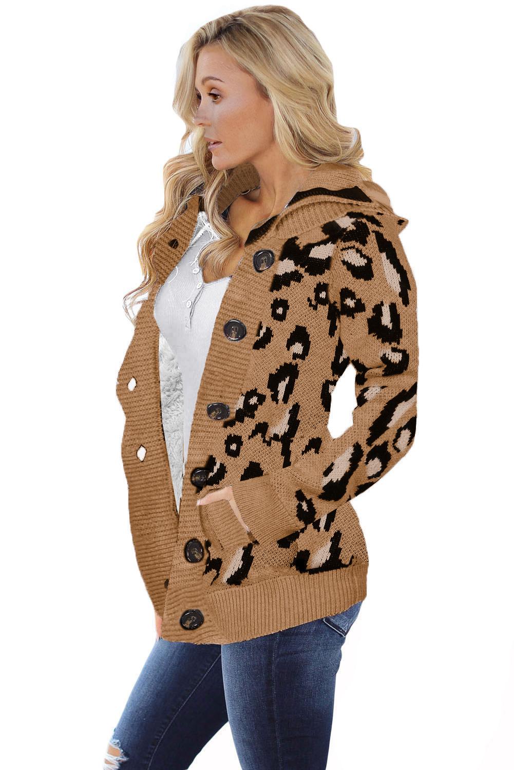 Stpckpapa Long Sleeve Button-up Hooded Leopard Print Cardigan