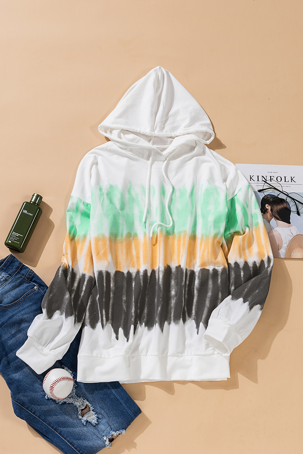 Ladies Colorblock Tie-dye Drawstring Pullover Hoodie (25)