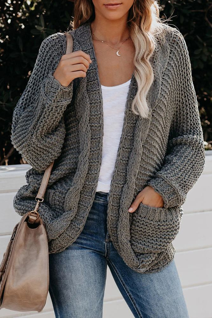 Stockpapa Chunky Knit Solid Cardigan with Pocket