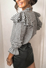 Ladies Black Plaid Button Ruffle Shirt