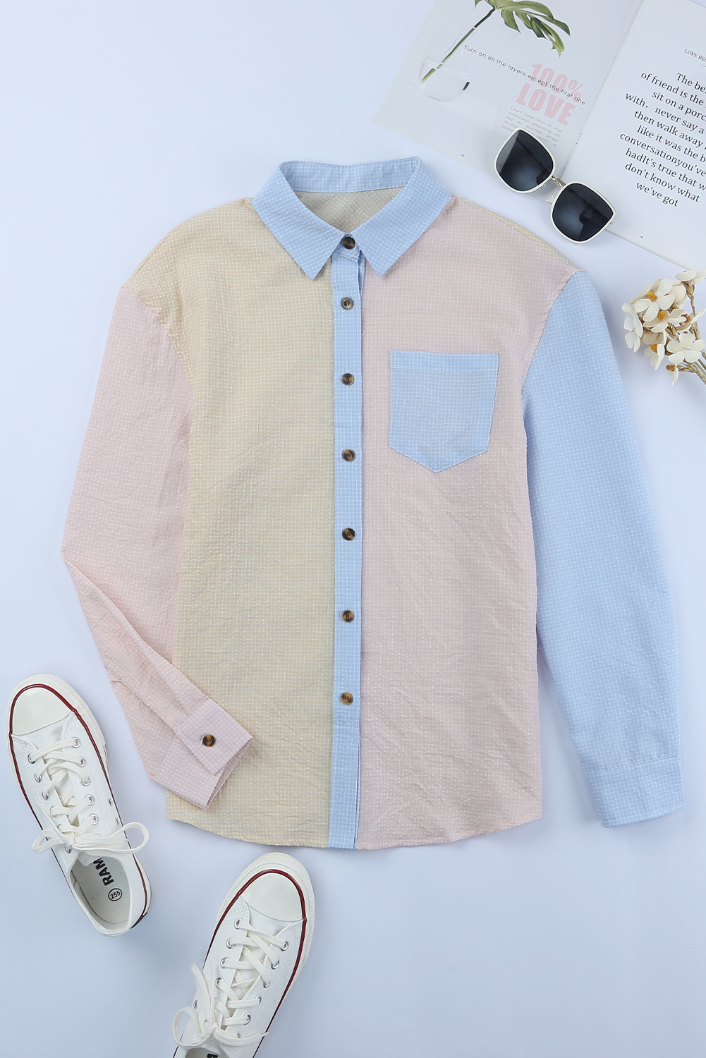 Ladies Plaid Color Block Long Sleeve Shirt (3)