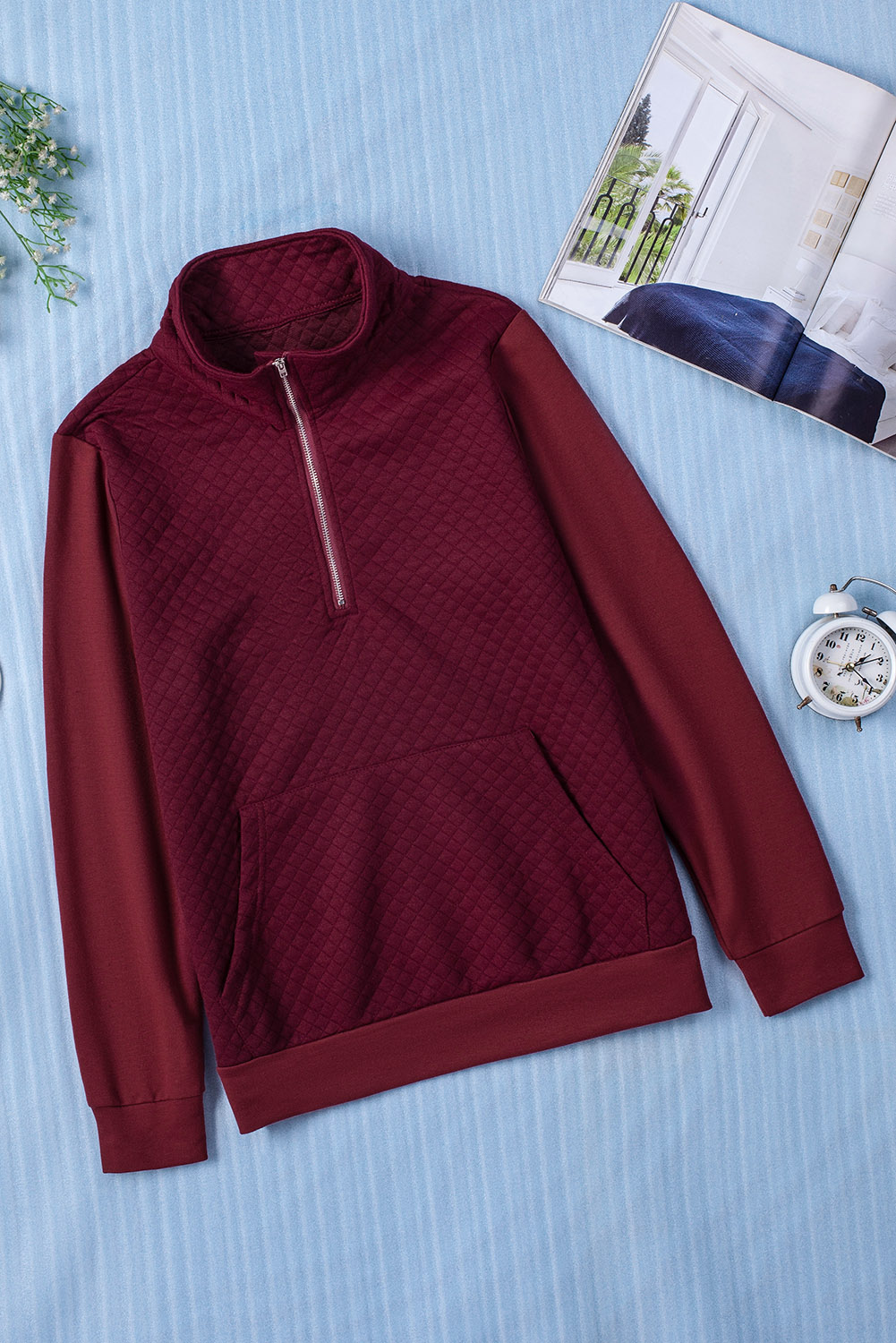 Wine Stand Neck Waffle Zip up Sweatshirt (3)