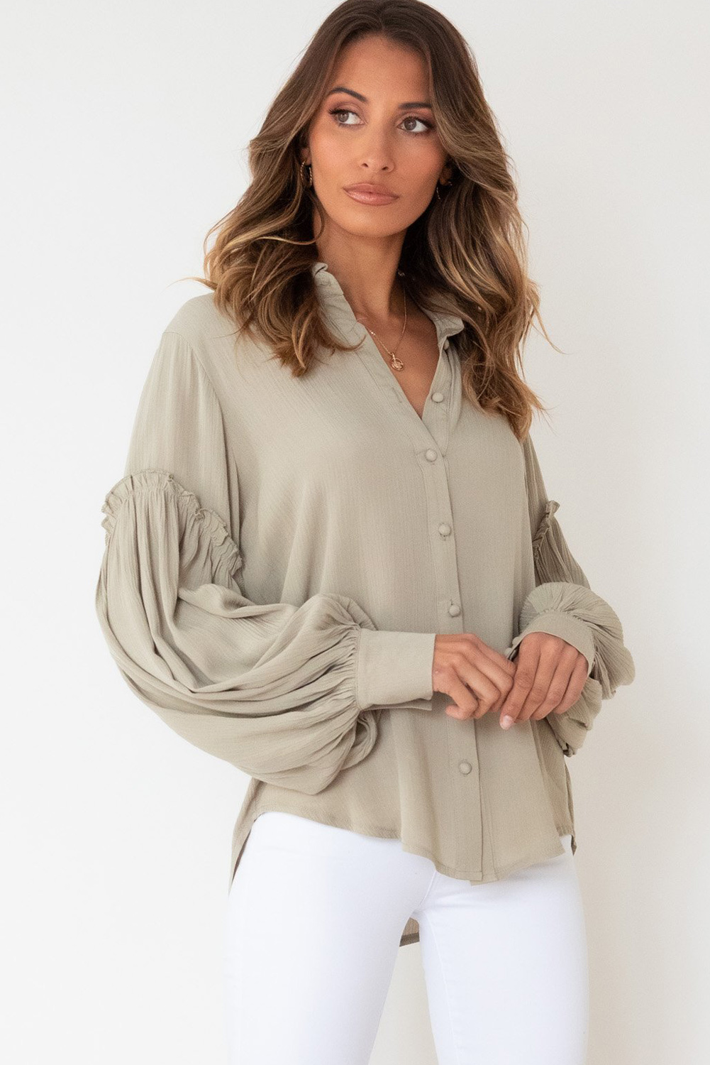 Stockpapa Ladies Ruffled Patchwork Bubble Sleeve Loose Shirt Clearance