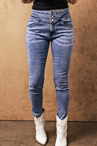 Stockpapa Light Blue Washed High Waist Buttons Skinny Jeans