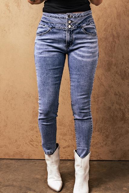 Stockpapa Light Blue Washed High Waist Buttons Skinny Jeans