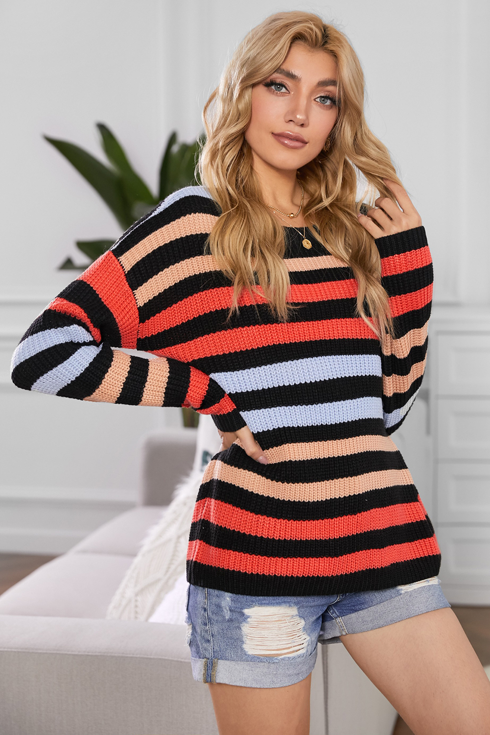 Stockpapa Ladies striped casual sweateres 