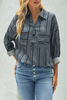  Ladies Gray Striped Buttoned Down Spandex Blouse