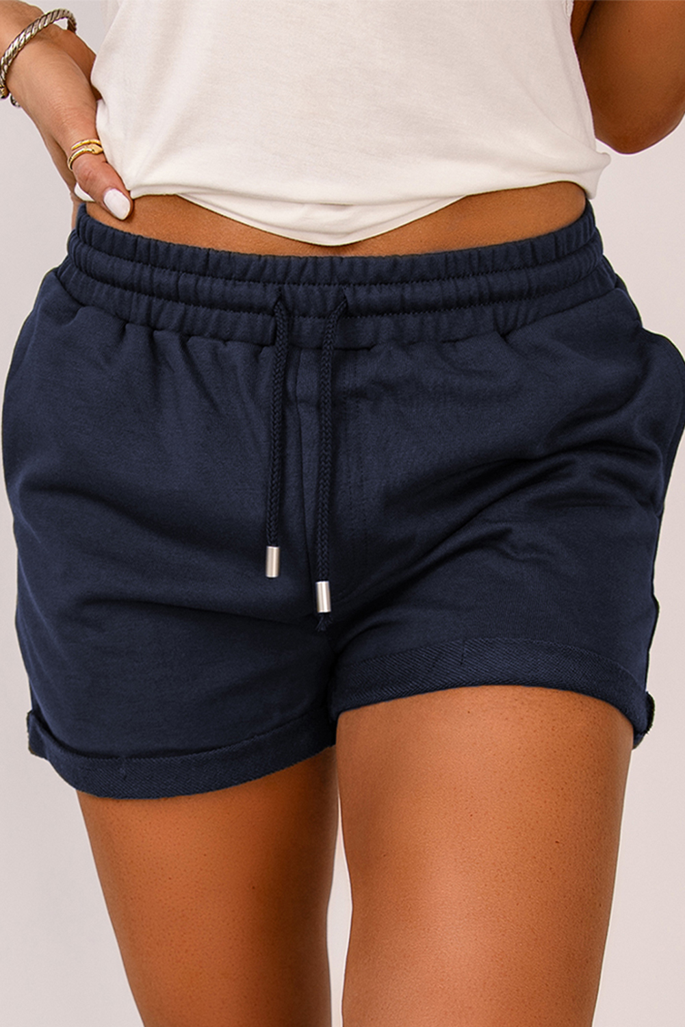 Stockpapa Wholesale Cheap Ladies Tie Waist Side Pockets Cuffed Lounge Shorts