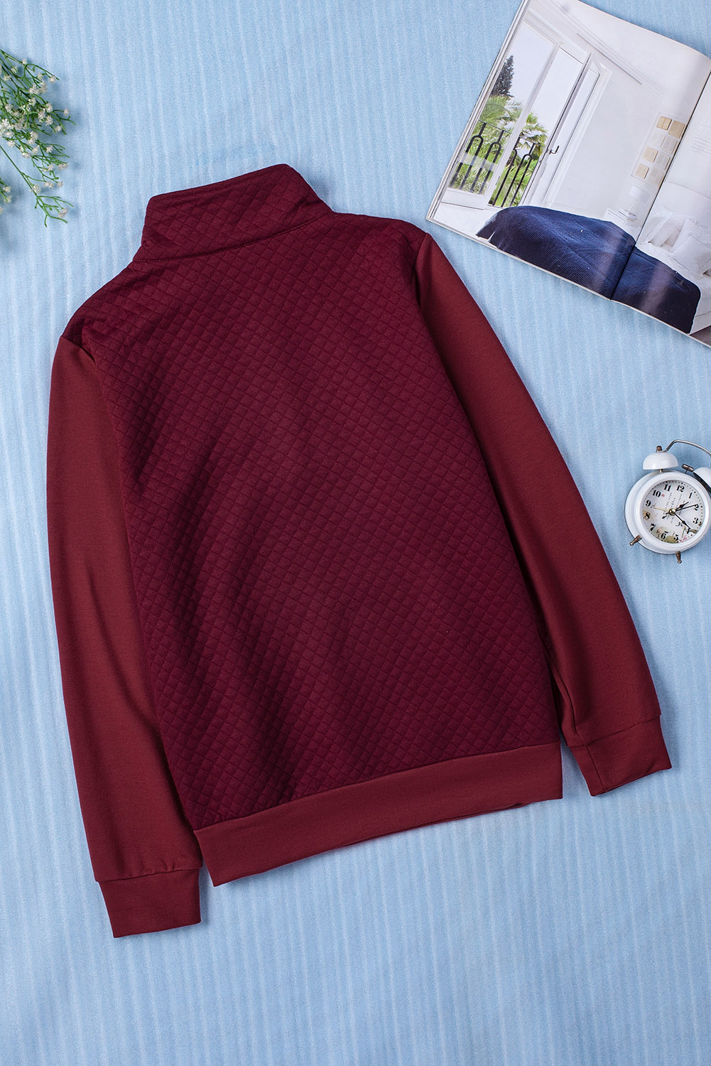 Wine Stand Neck Waffle Zip up Sweatshirt (4)