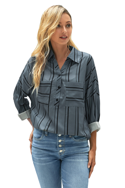  Ladies Gray Striped Buttoned Down Spandex Blouse