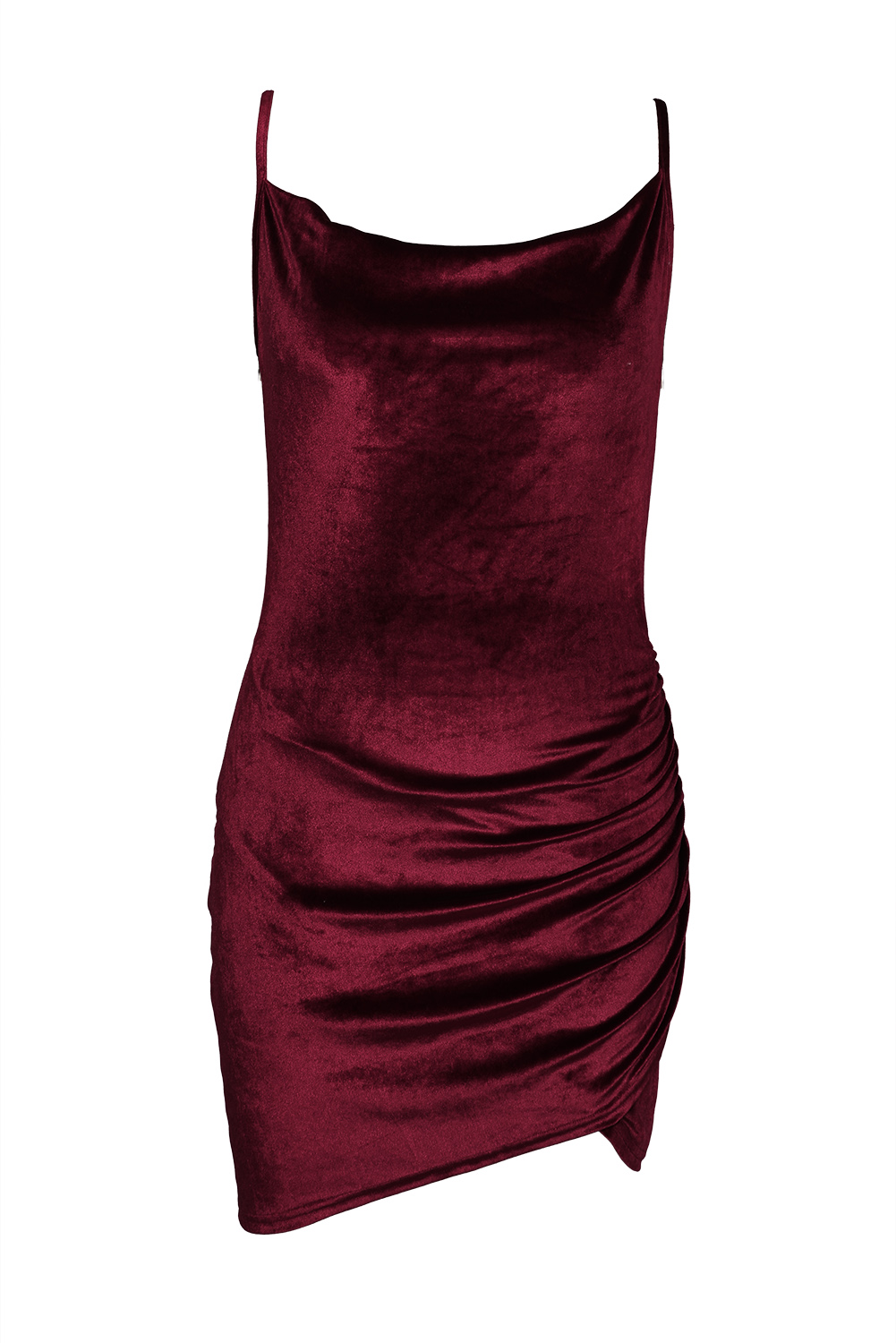 Ladies Spaghetti Straps Ruched Velvet Bodycon Dress 