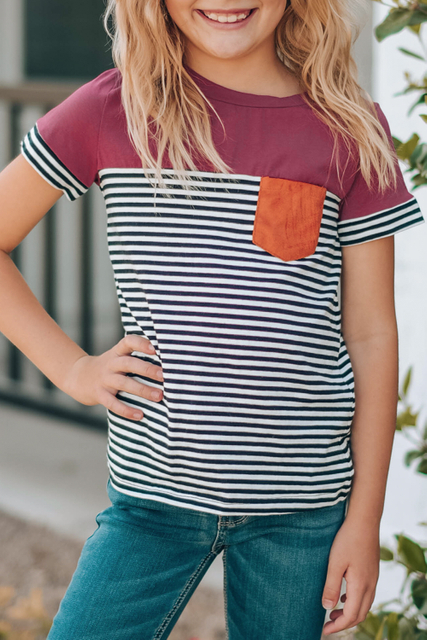 Girls striped pocket color-blocked Tee