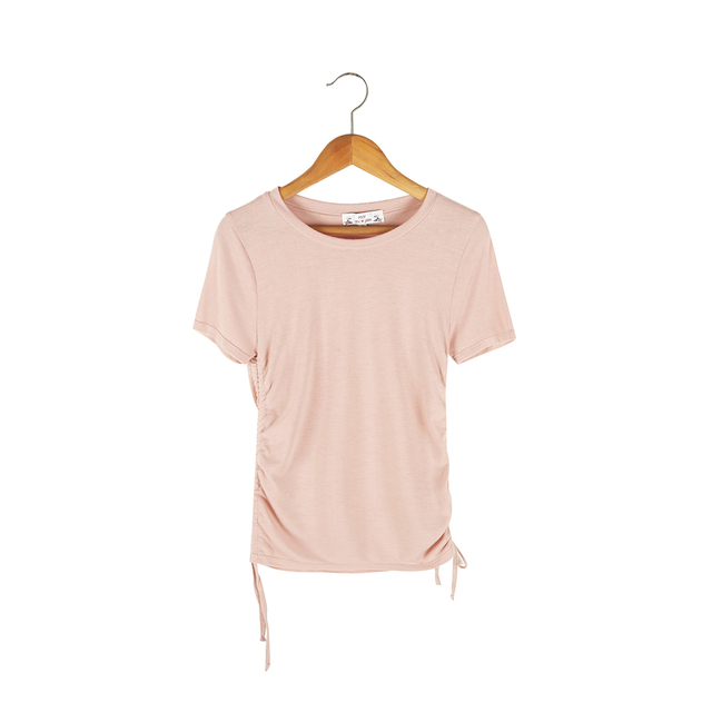 Women Ruched Drawstring O Neck Crop Top T-shirts for Women