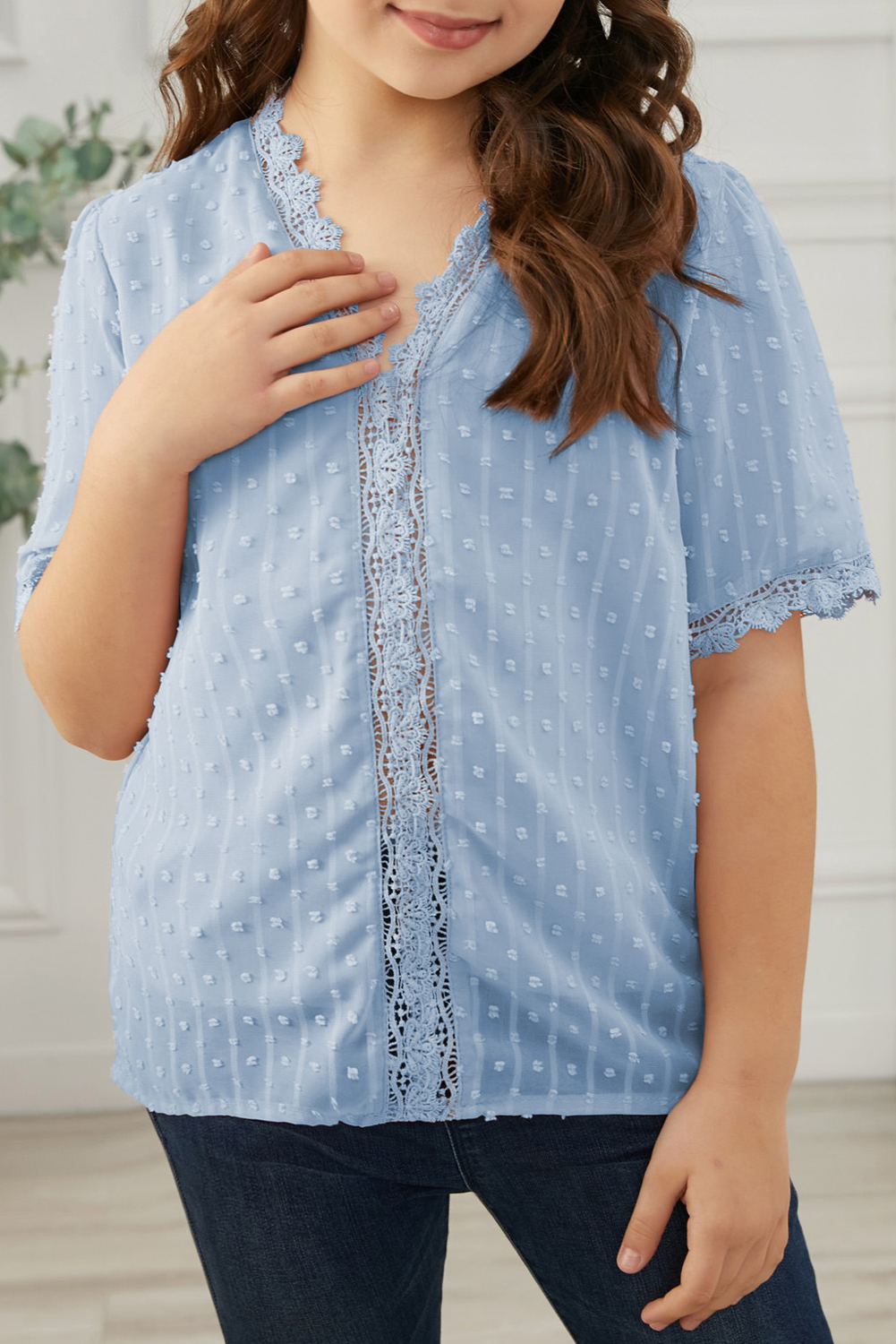 Swiss Dot Lace Short Sleeve Girls Tops