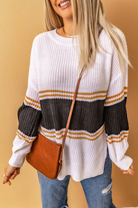 Bottom Open Striped Drop Shoulder Sweaters