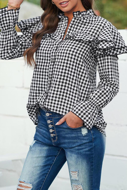 Ladies Black Plaid Button Ruffle Shirt