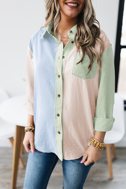 Ladies Plaid Color Block Long Sleeve Shirt